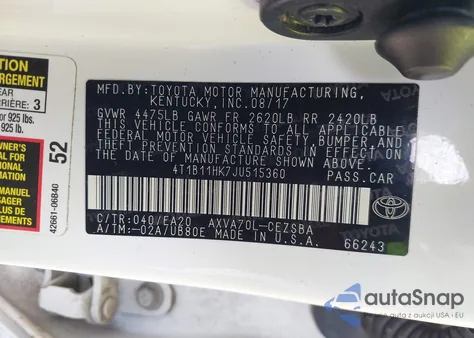 2018 Toyota Camry Se from USA, damaged, VIN 4T1B11HK7JU515360